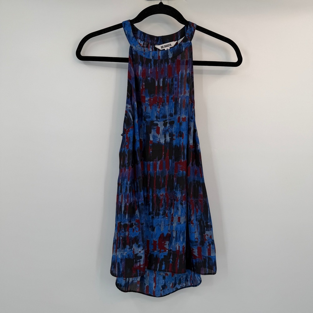 BB Dakota Abstract Brushstroke Halter Chiffon Blouse‎ Blue Red Black Medium Bold